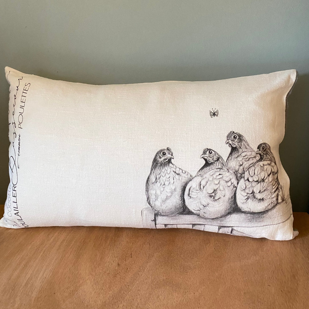 coussin en lin dessin poules collection sologne