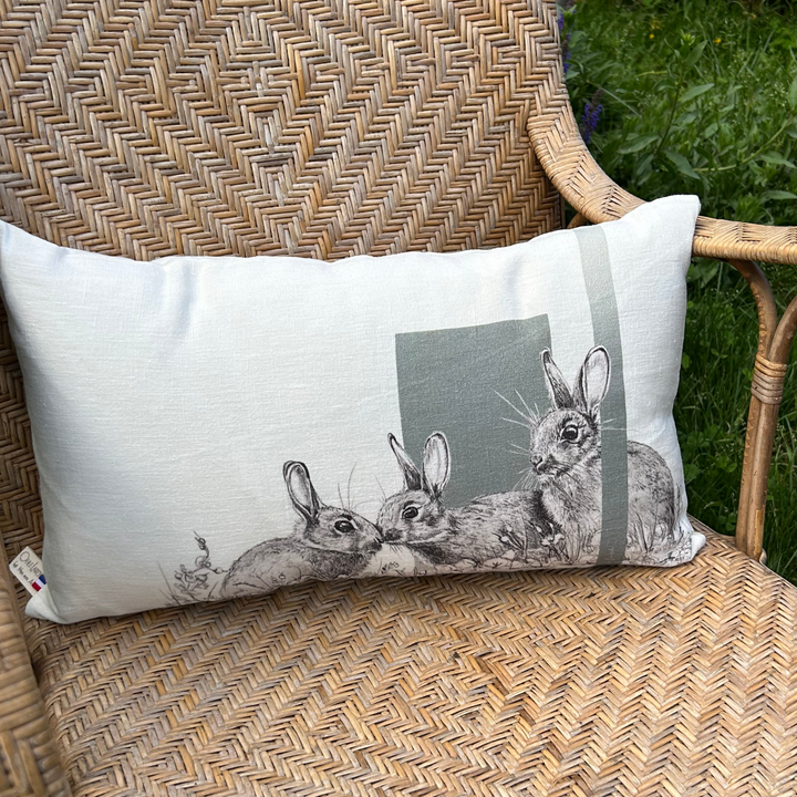 Linen cushion Rabbit small family D Green