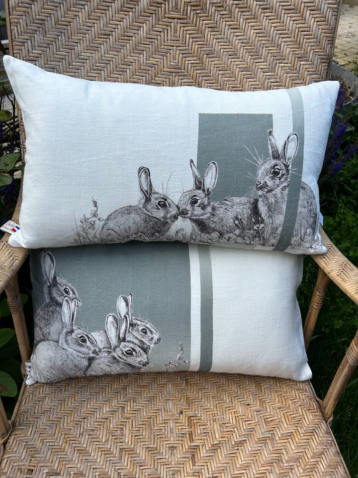 Linen cushion Rabbit small family G Green