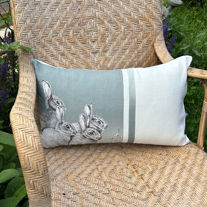 Linen cushion Rabbit small family G Green