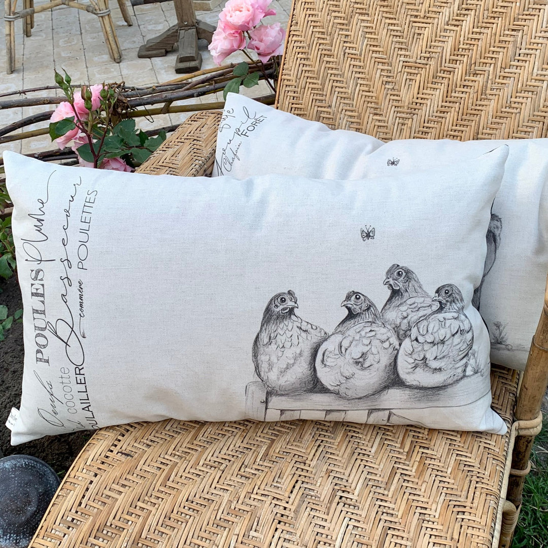 coussin en lin et coton tissé en france motif poules imprimé made in france animaux de sologne